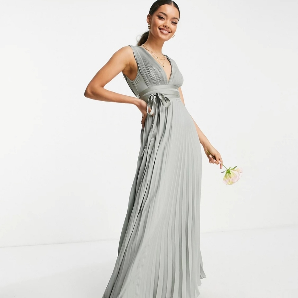 ASOS DESIGN Petite Bridesmaid pleated cami maxi dress with satin wrap waist
